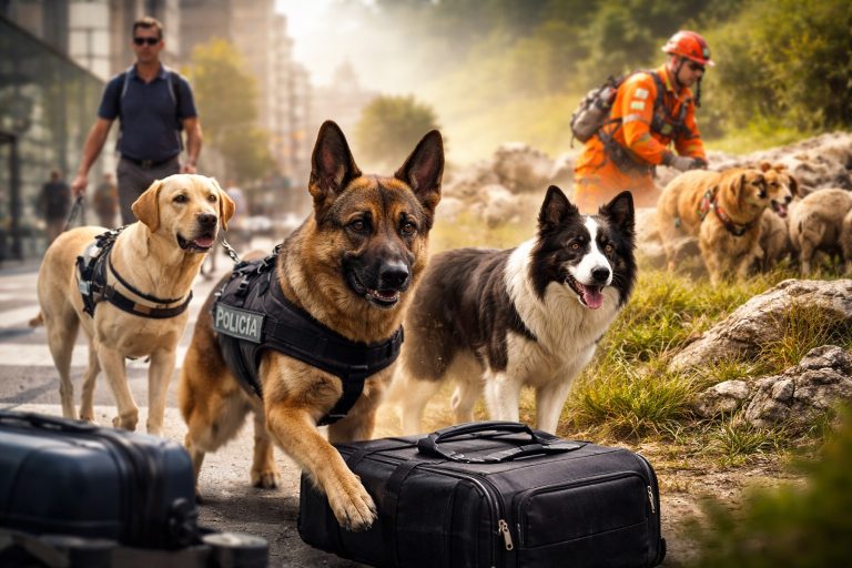 Perros de rescate llevando equipaje, junto a sus guías, en un entorno de búsqueda y salvamento.